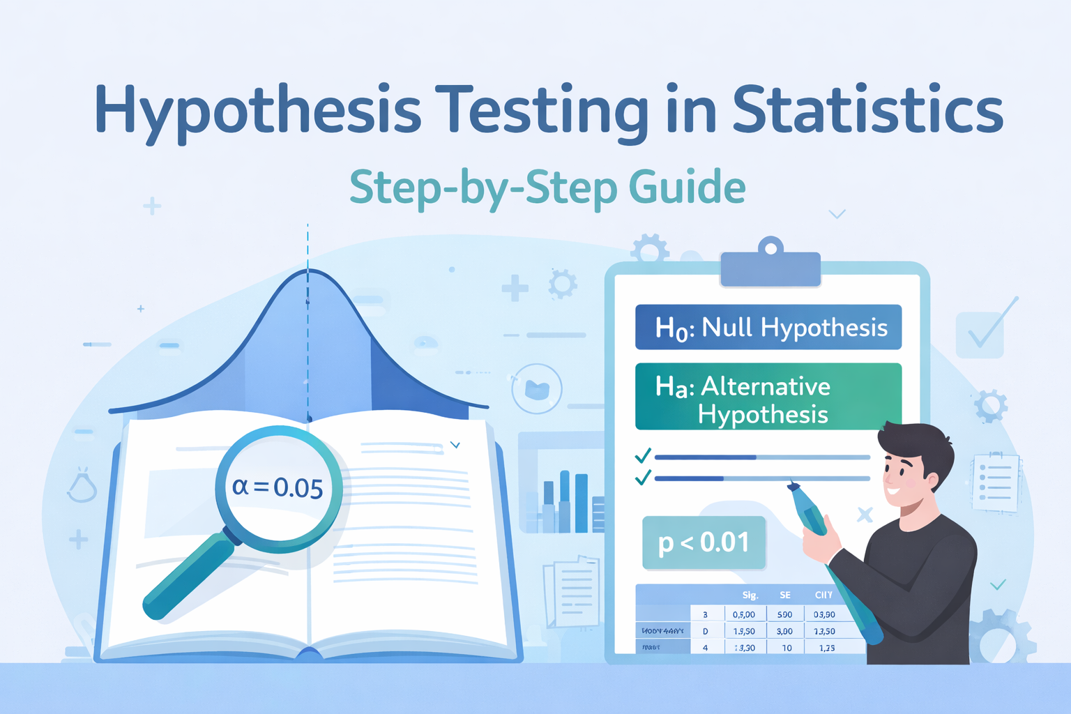 Hypothesis testing in statistics illustration with p-value chart and analysis elements