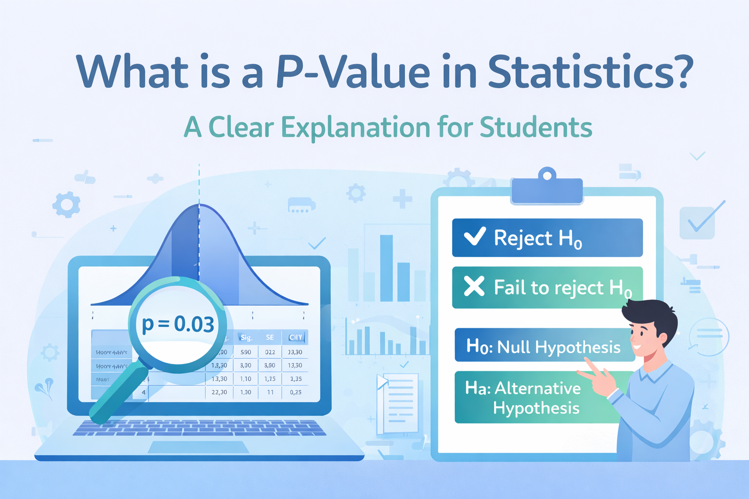 P-value in statistics illustration with bell curve, p=0.03, and hypothesis testing checklist